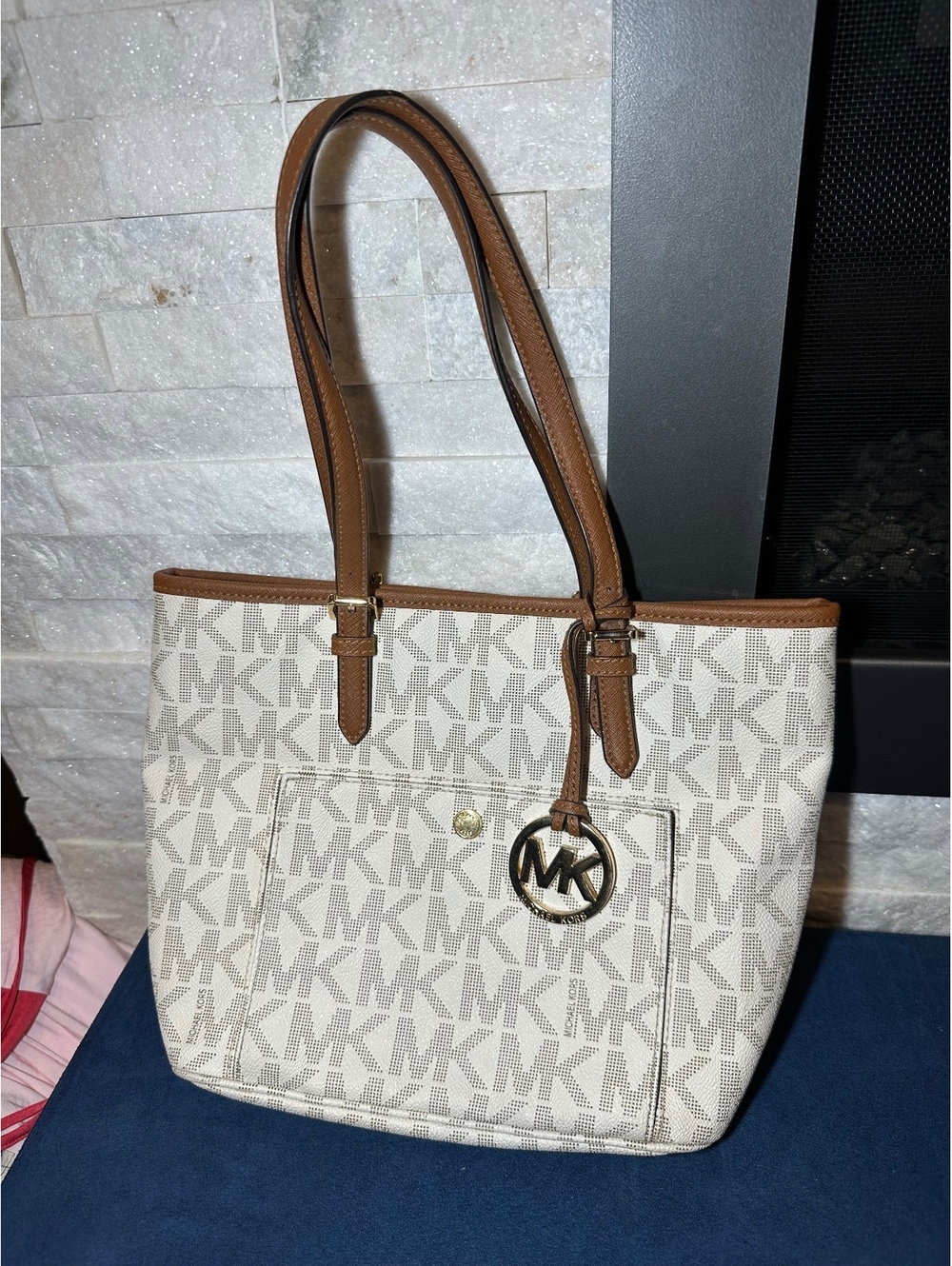 Michael Kors Signature Logo Tote Bag with Brown Leather Straps